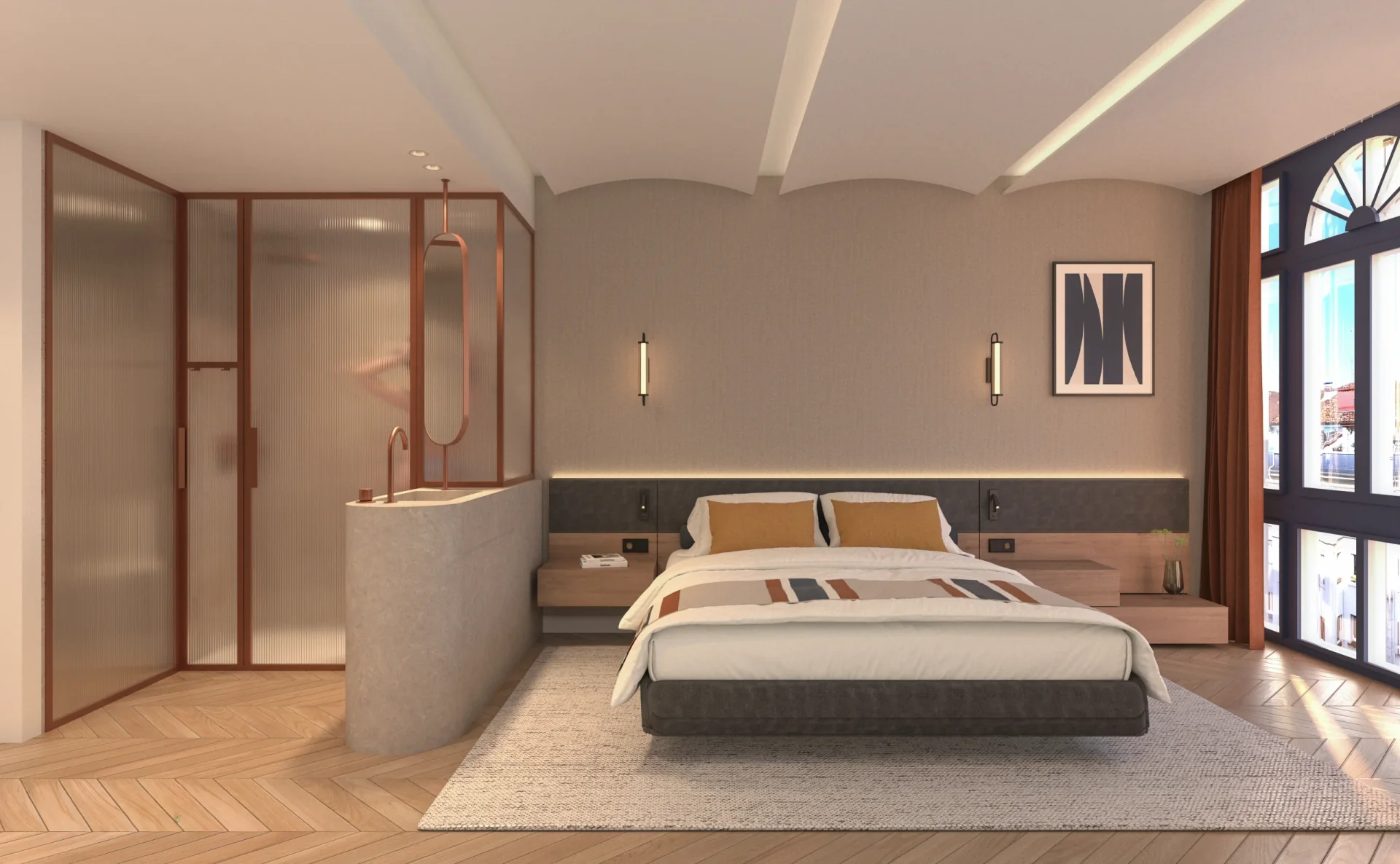 Dormitorio del Hotel Postas con cabecero integrado e iluminación indirecta